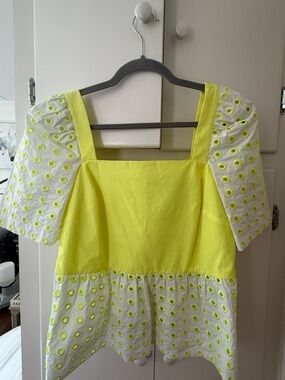 Tanya Taylor Neon Yellow and White Eyelet Puff Sleeve Top